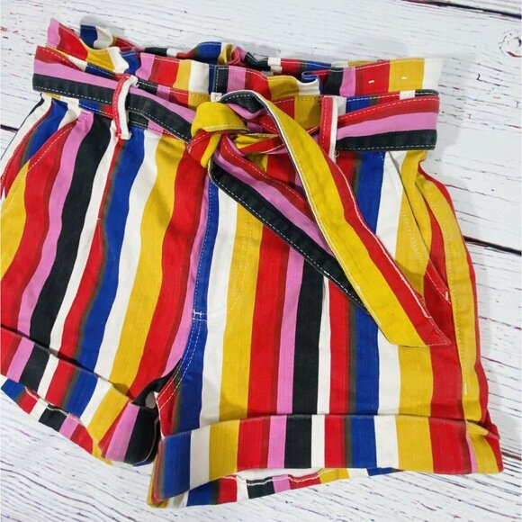 Express Paperbag Waist Jean Shorts Extreme High Rise Striped Y2K Retro Shortie 6 - Picture 4 of 12